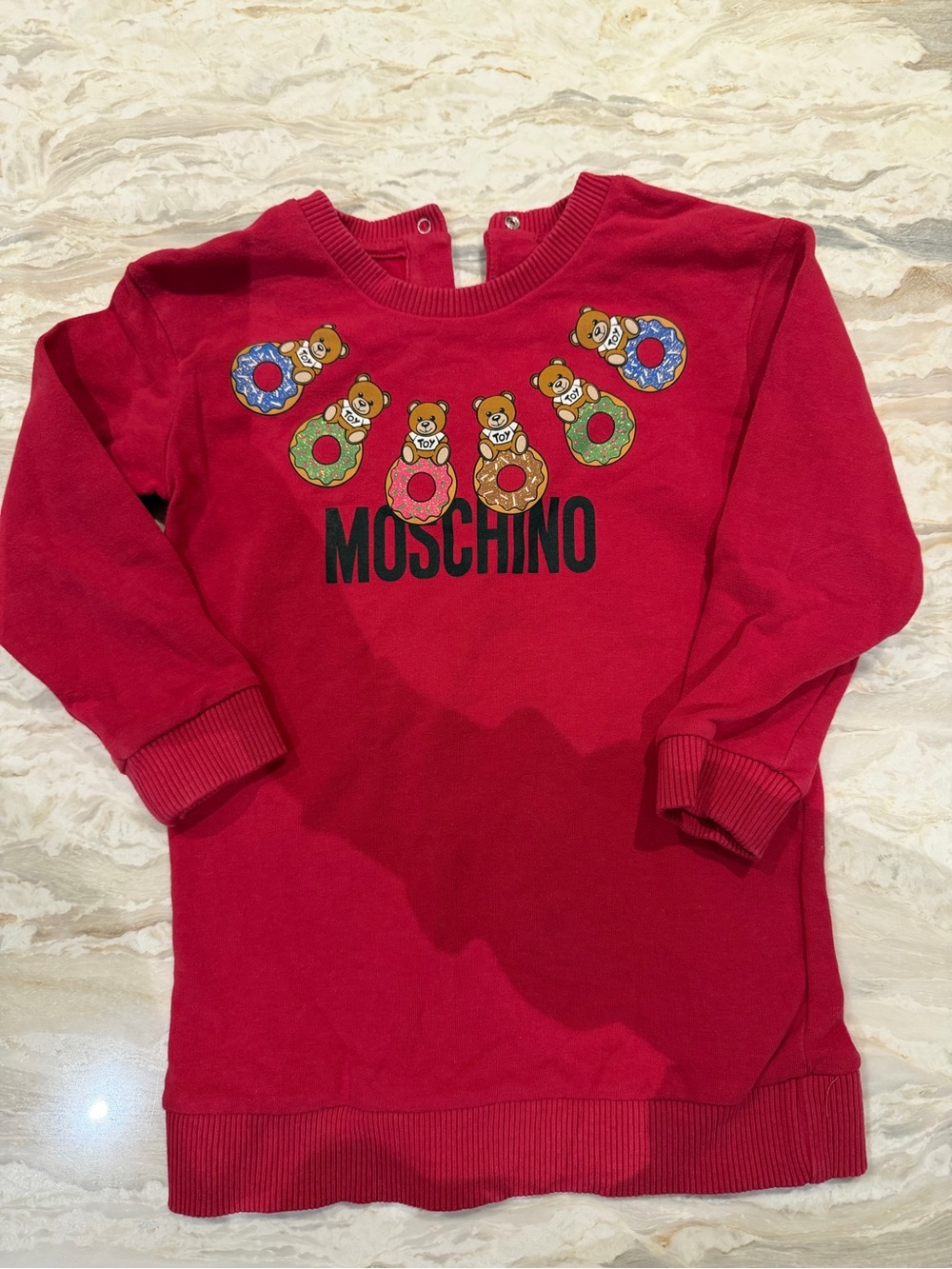 Moschino Kids Red Sweatshirt Dress with Teddy & Donut Motifs